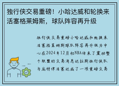 独行侠交易重磅！小哈达威和轮换来活塞格莱姆斯，球队阵容再升级